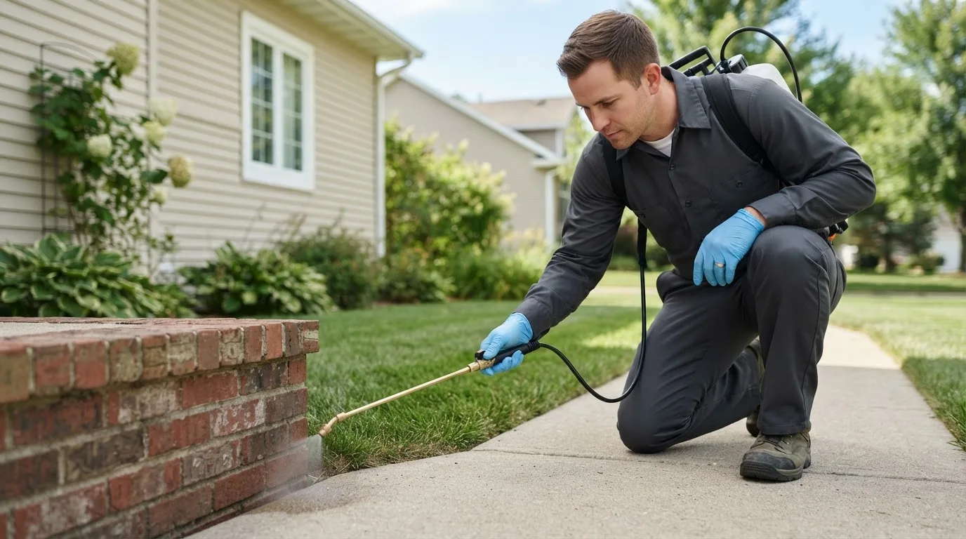 Pest control technician treating a home near Matfield Green, KS